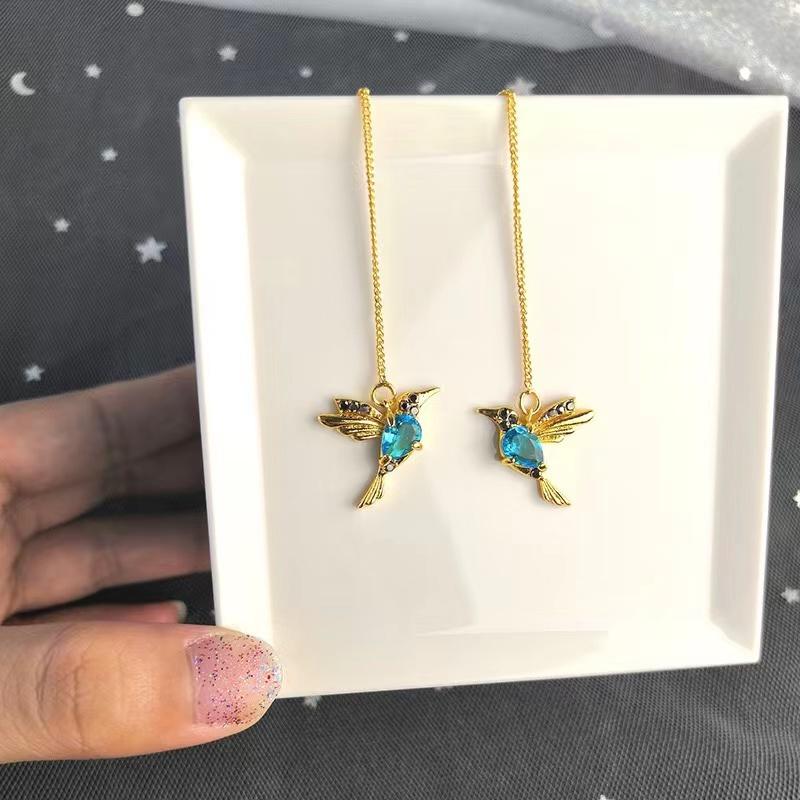 Luxurious Unique Long Drop Earrings Bird Pendant Tassel Crystal Pendant Earrings Ladies Jewelry
