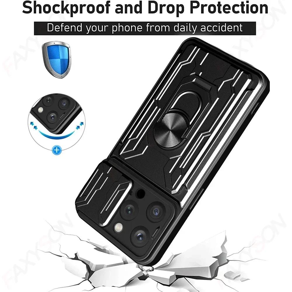 Case For iPhone 17 16 15 14 13 12 11 Pro Max XR XS Plus SE Slide Camera Card Slot Military Grade Ring 360 Magnetic Back Cover
