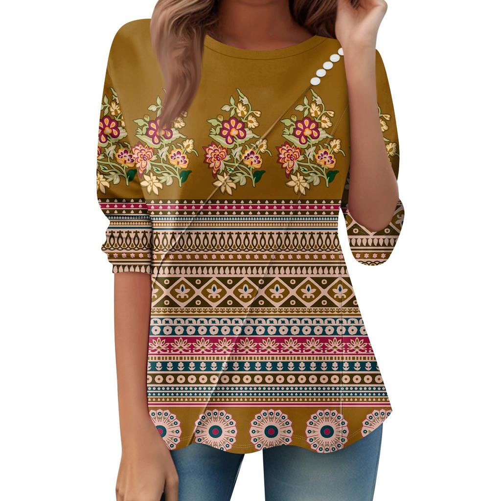 Women's Loose Casual Long Sleeve Top Round Neck Button Pull Stripe Prints T Shirt