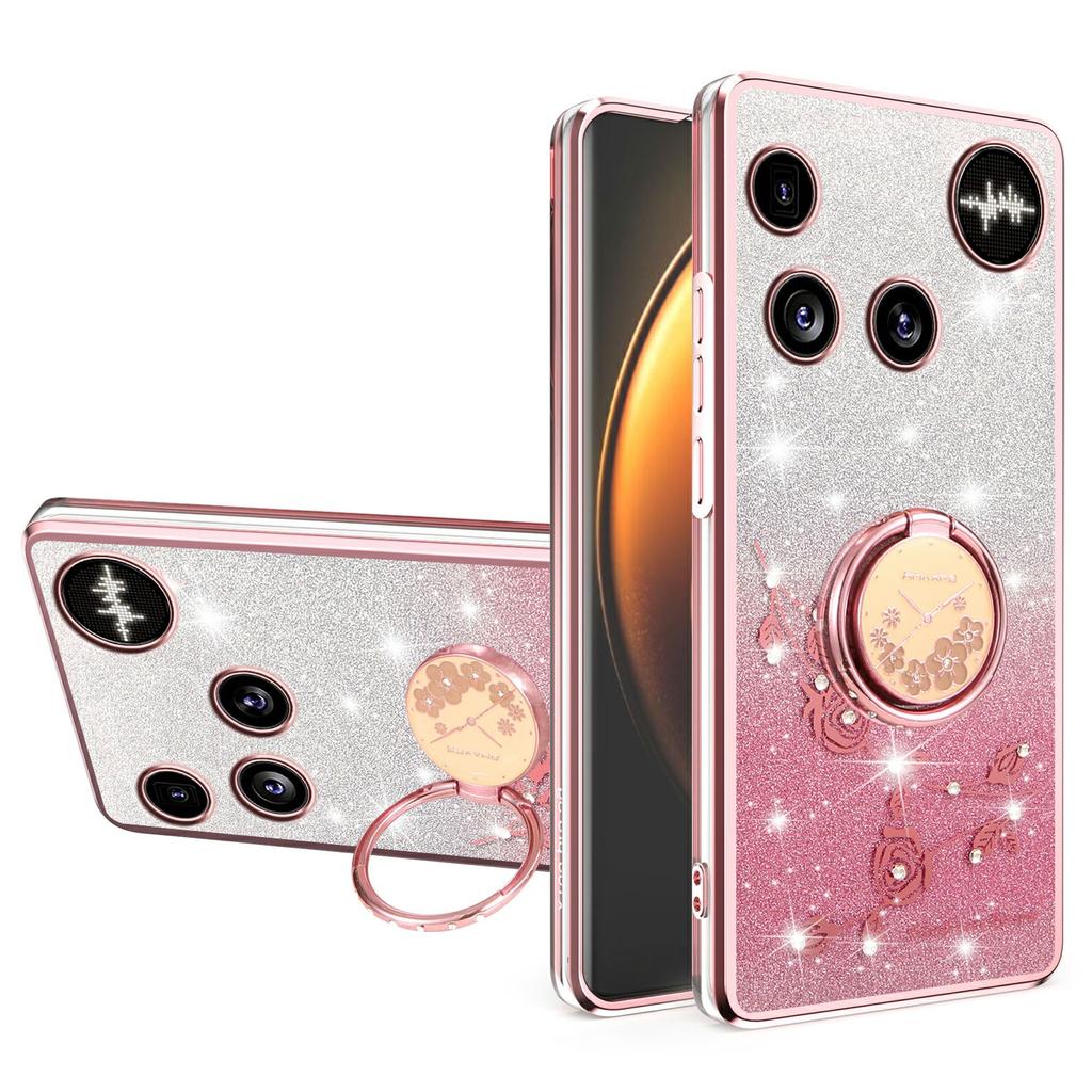 For Nothing Phone (3) 5G Case Ring Kickstand TPU Flowers Phone Cover Gradient Glitter