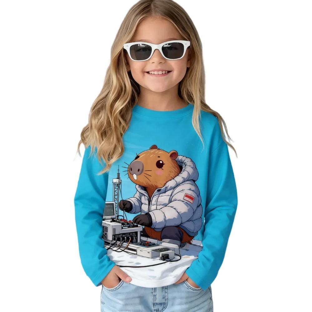 Spring and Autumn Round Neck Cartoon Capybara Pattern 3D Printed Top Fashionable Casual Long Sleeved Children's Girl T-shirts