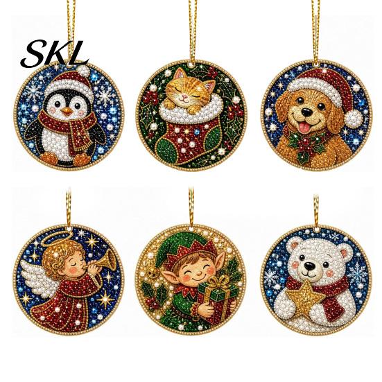 Christmas Door Wall Decor 6 Pcs Pearl Art Ornaments, 2D Flat Acrylic Holiday Tree Pendant, Santa Hanging Ornaments Effect Decoration for Home