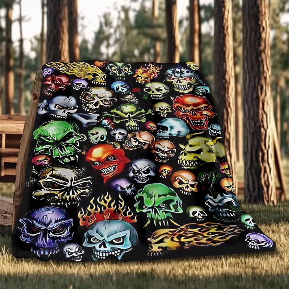 1pc Skull Print Outdoor Flannel Blanket Gift For Boys Girls Adults, Family Friends