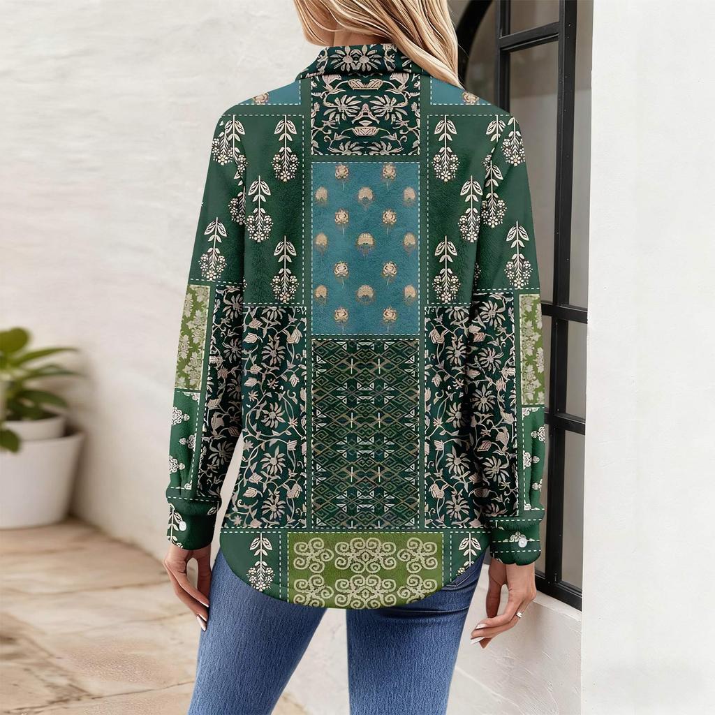 Женская рубашка-блузка с принтом и пуговицами, длинный рукав, повседневный базовый рубашечный воротник, обычный топ