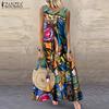 ZANZEA Womens Summer O-neck Sleeveless Vintage Print Dress Loose Casual Beach Long Dress