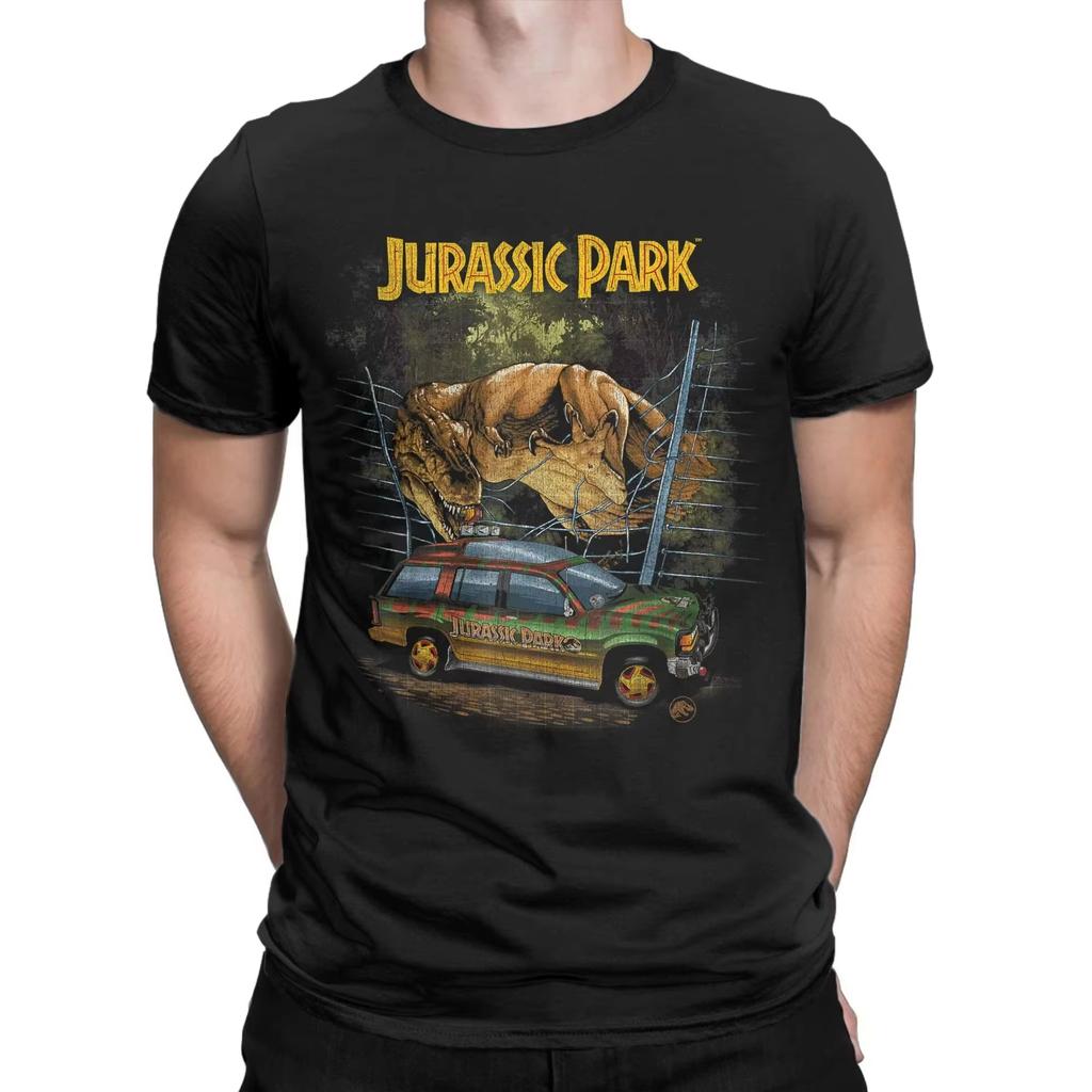 Summer Jurassic Park Retro Tyrannosaurus Rex Car Printed Round Neck T-shirt for Men Fun 100% Cotton Street Outdoor Short Sleeve