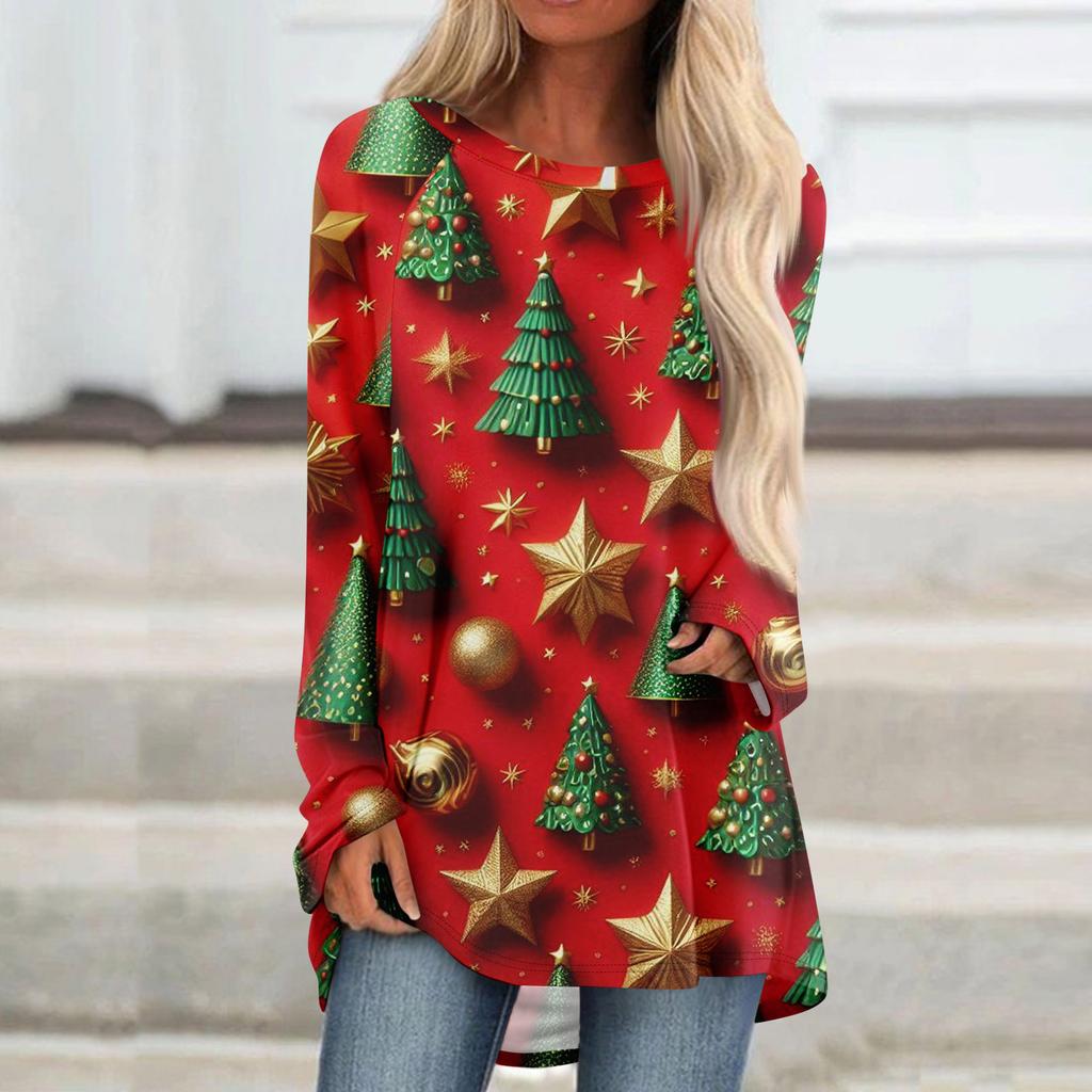 Women's Fashionable Loose Mid-length Round Neck Pullover Christmas Printed Raglan Sleeves Long-sleeved Casual Top