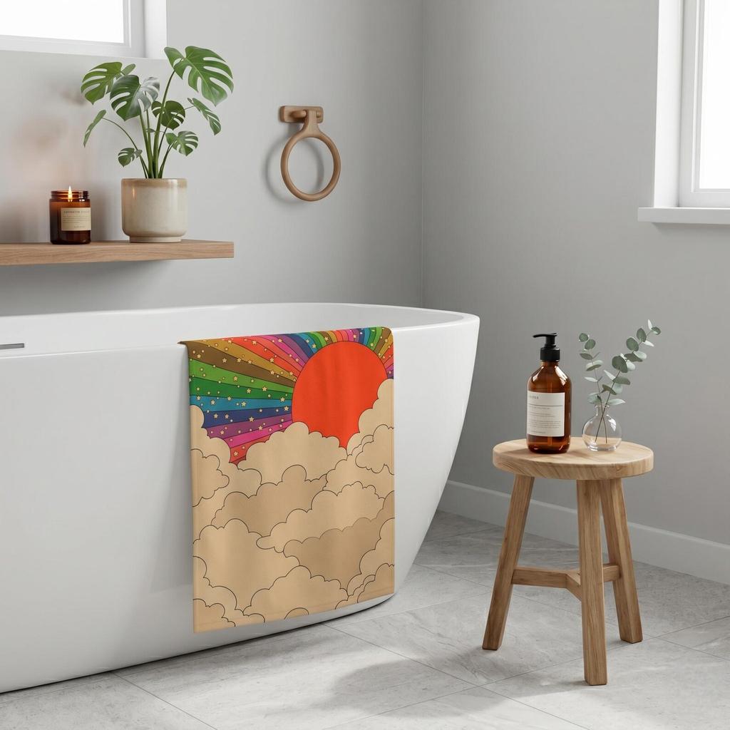 Retro Rainbow Beach Towel 70s Groovy Sun and Clouds Summer Bath Towels Bathroom Items Baby Sauna Spa For Home Travel Playa Gym