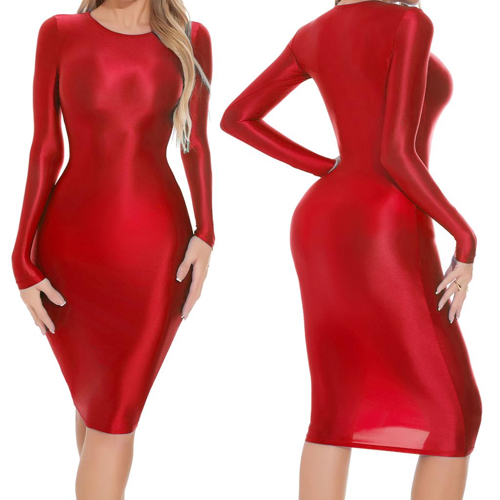 Women Oil-shiny Smooth Pencil Bodycon Dress Hip Wrap Miniskrt for Club Dating Disco Music Rave Party Costume Sexy Nightwear