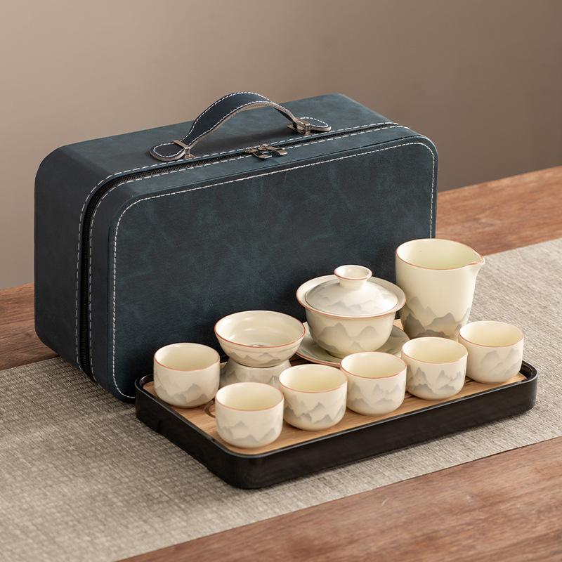 High-end Huang Ru Kiln Travel Kung Fu Tea Set Household Portable Cover Bowl Teacup Teapot Light Luxury Business Gifts
