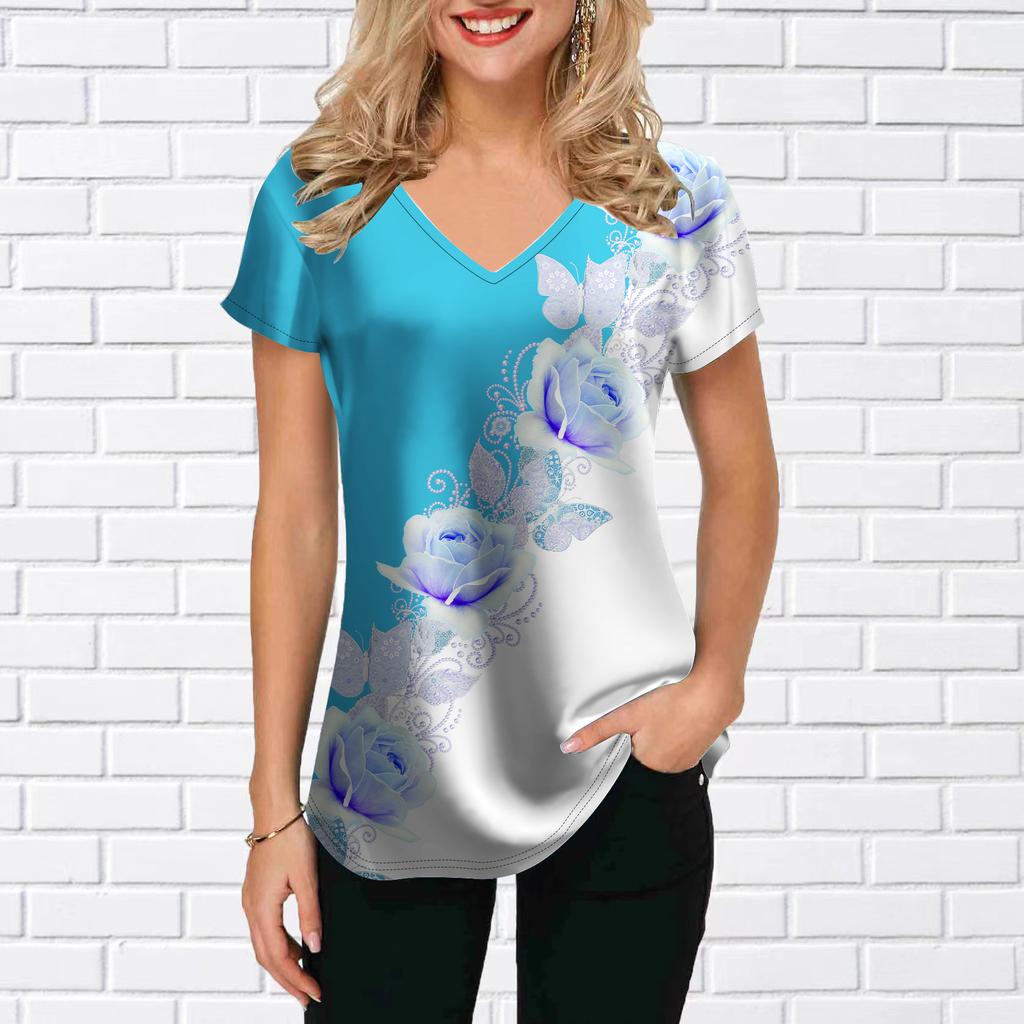 Women's V-Neck Short Sleeve Sunflower Grey White Begonia Flower Printed Tops Loose T-Shirt Casual Blouse
