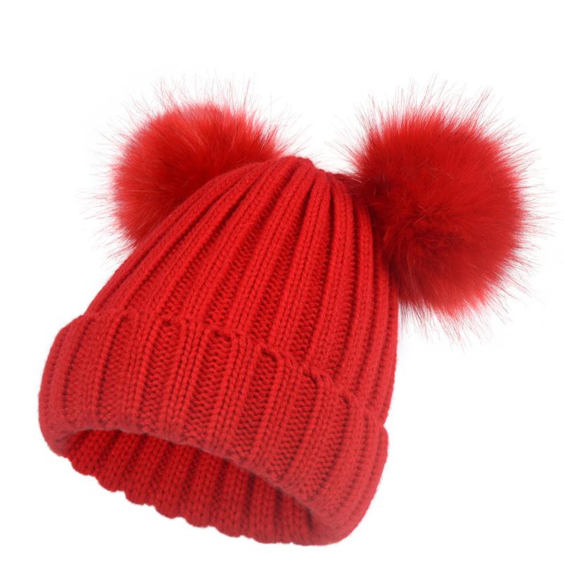 Детская / Взрослая 2-слойная осенне-зимняя новая женская шапка с двумя шариками, вязаная шапка из искусственного меха лисы, сохраняет тепло, вязаная шапка