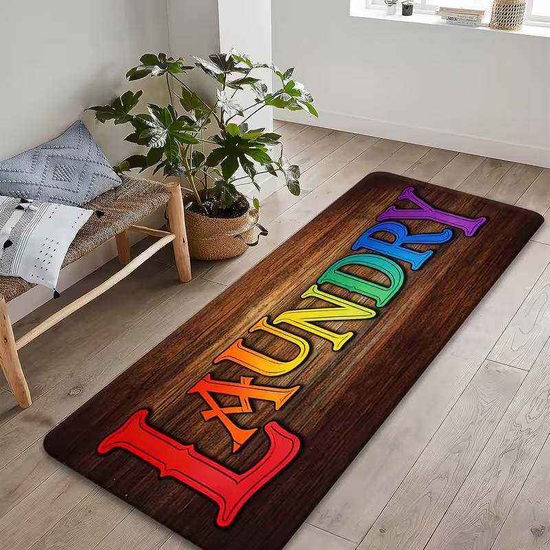 Rainbow "LAUNDRY" Laundry Room Runner Rug Vintage Wood Grain Colorful Text Pattern Home Decor Carpet Soft Non-Slip Long Mat