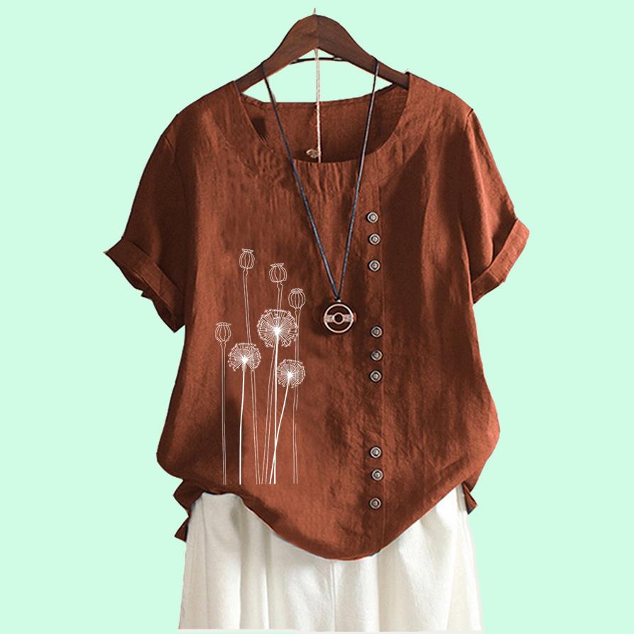 Женская мода хлопок льняная блузка лето и осень мода круглый вырез короткий рукав топ женская цветочный принт свободная футболка