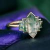 Vintage Art Deco Hexagon Moss Agate Ring: Rose Gold Plated Band: Baguette Bridal Promise Ring: Bridal Wedding Jewelry Gift for Her