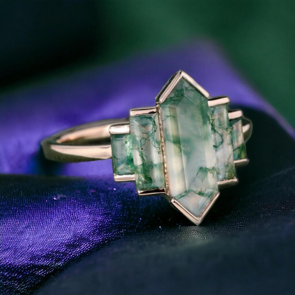 Vintage Art Deco Hexagon Moss Agate Ring: Rose Gold Plated Band: Baguette Bridal Promise Ring: Bridal Wedding Jewelry Gift for Her