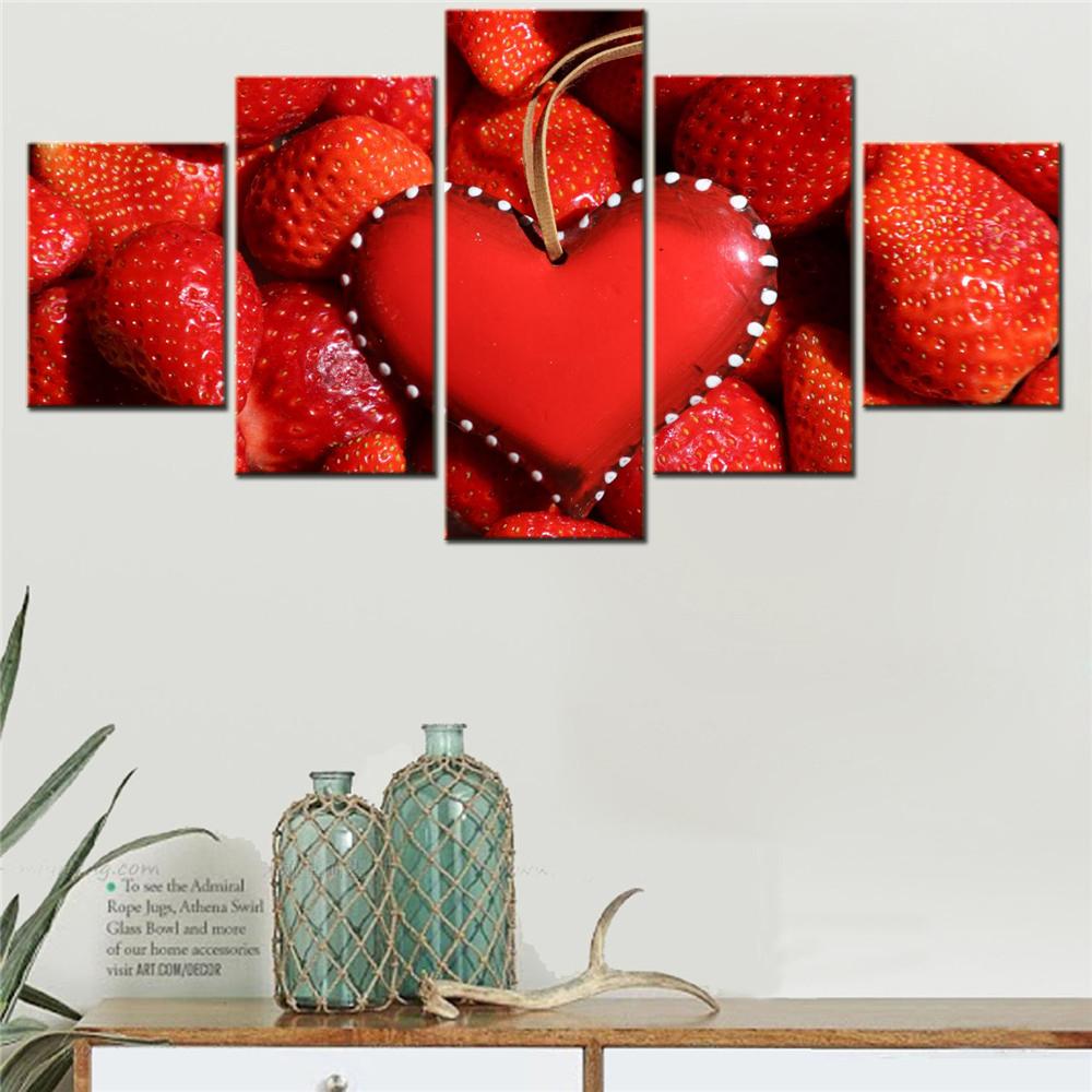 5 Pieces Canvas Wall Arts Poster Painting Food Red heart Strawberries Wallpaper Interior Home Decor Morder Picture Printing