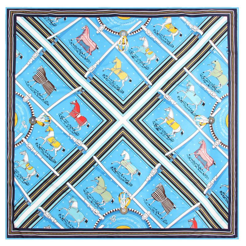 POBING Manual Hand Rolled Twill Silk Scarf Women Horse Plaid Square Scarves Echarpes Foulards Femme Wrap Bandana Hijab 90CM