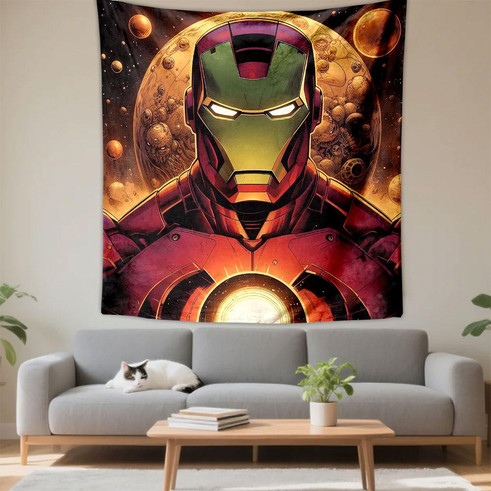 Iron Man Helmet Close Up Retro Sci Fi Mechanical Moon Warm Orange Comic Wall Tapestry Superhero Decor Game Room Gift