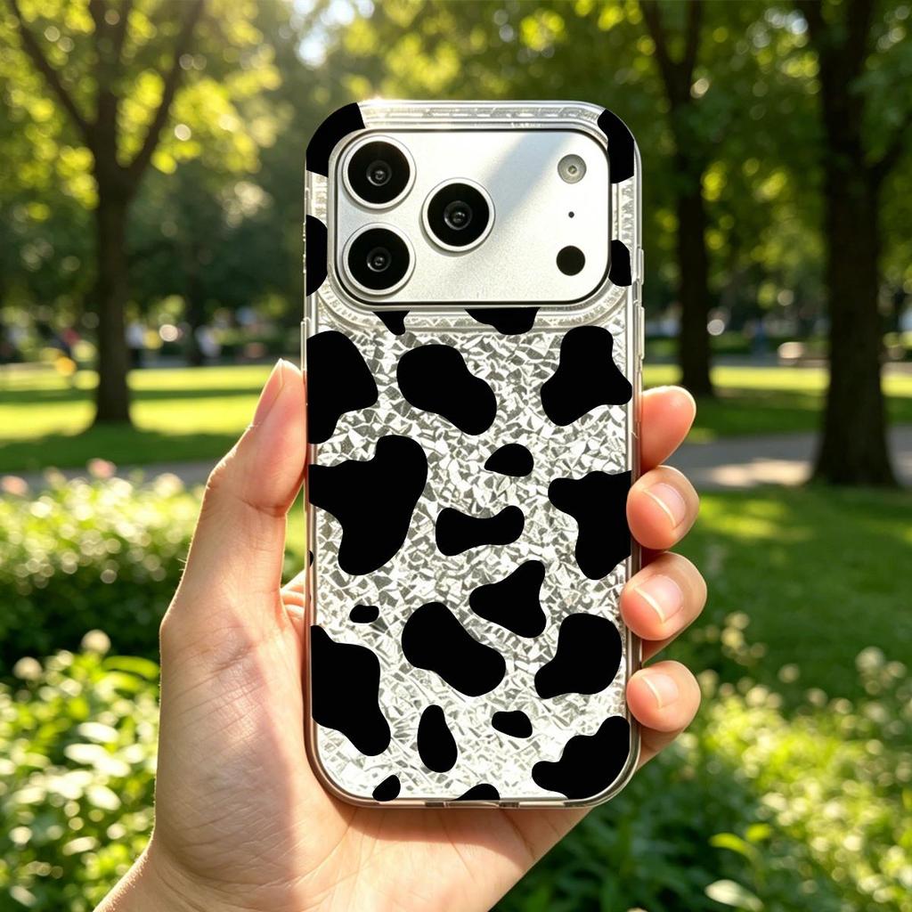 Чехол для iphone XS Max 18 Pro Max 11 XR 15 13 12 17 Pro 16 Plus Air 14 Серебряный Блеск Трескающийся Фон Коровьи Пятна