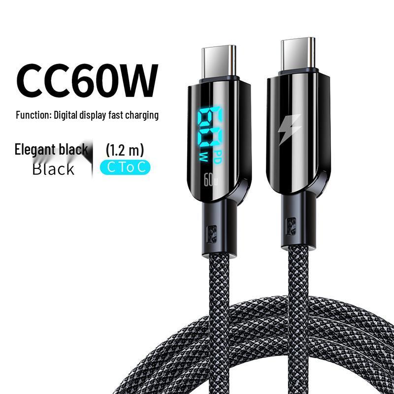 60-ваттный кабель Super Fast Charging двойного типа Type-C для Apple, Huawei, Vivo - 6A с цифровым дисплеем