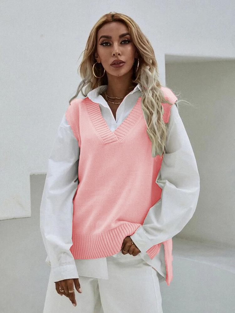 Женский облегающий свитер-жилет без рукавов с V-образным вырезом - Новый весенний вязаный топ-майка