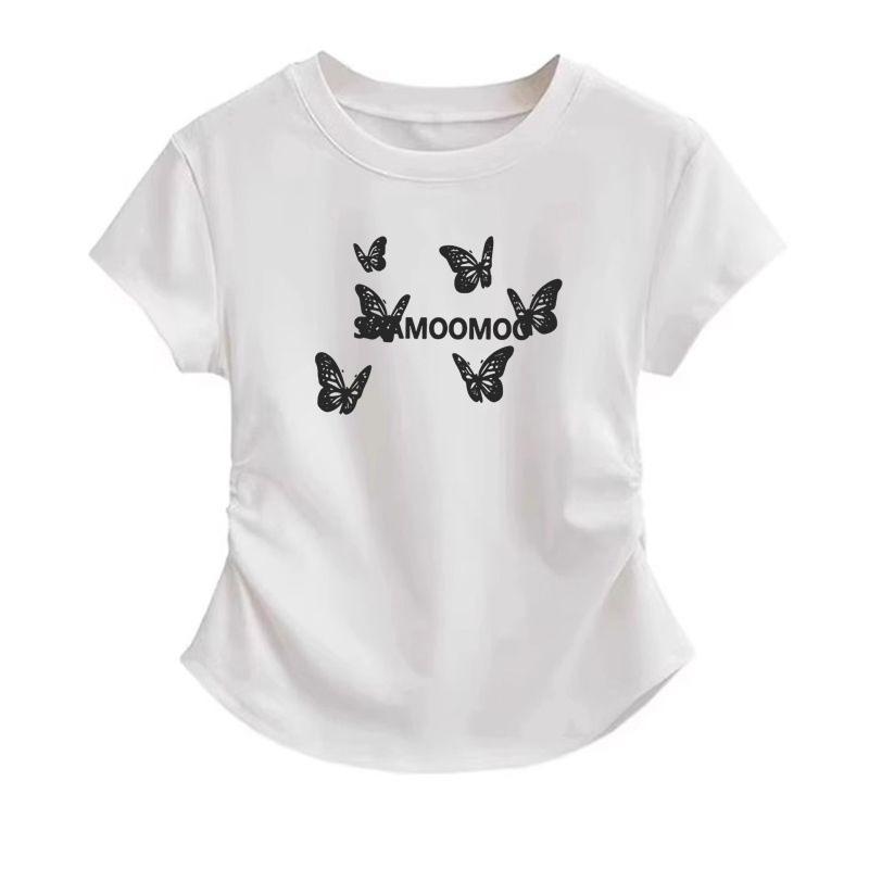 New American front shoulder pinch waist fold slim fit short sleeve T-shirt butterfly print high-end top women
