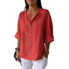 Women Shirt V-Neck 3/4 Sleeve Loose Fit Pullover Tops Buttons Decor Breathable Casual Tops Daily Wear