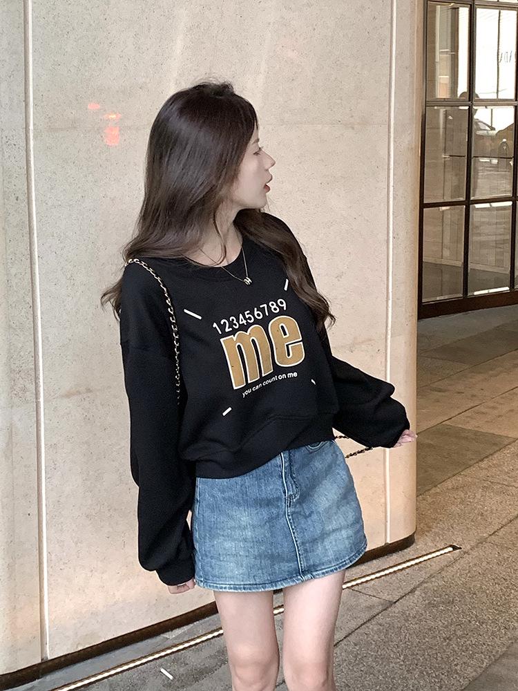 Большой высококачественный американский принт, свитер-кроп с круглым вырезом и длинными рукавами