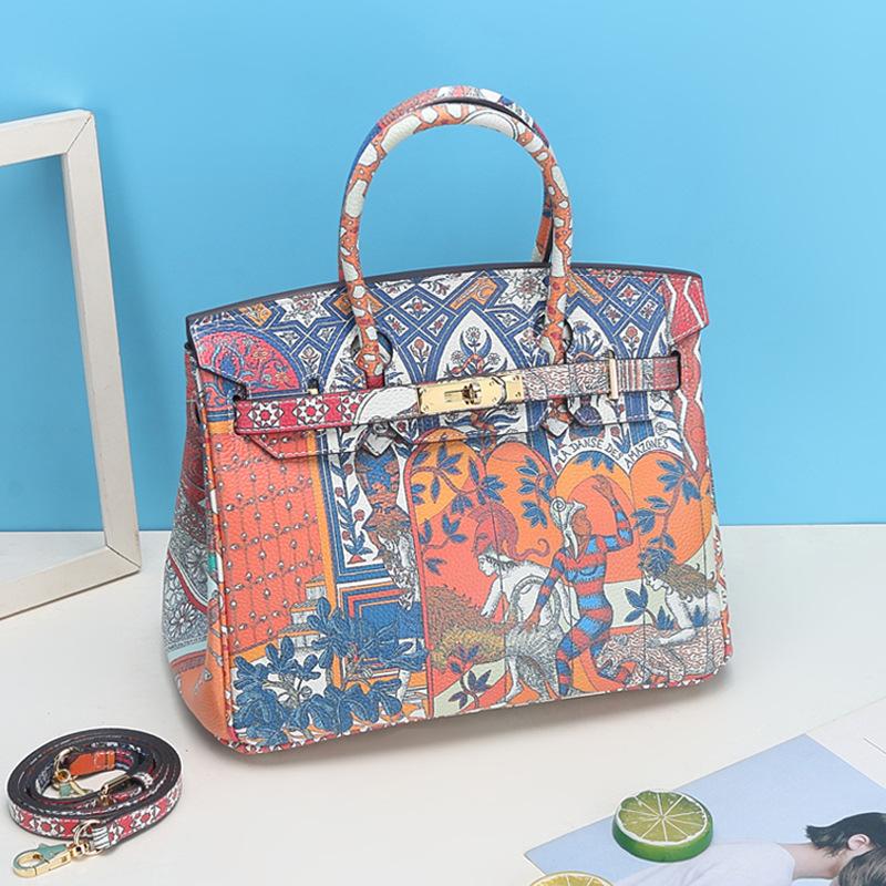 Сумка с граффити-платиной, узор «Личи», из коровьей кожи с цветным принтом, кожаная сумка через плечо, женская сумка