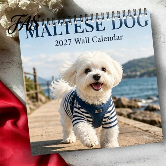 Durable Hanging Wall Planner 2027 Maltese Calendar, Cute Dog Photography Calendar Jan.2027-Dec.2027 12 Monthly for Home Office Spiral Bound