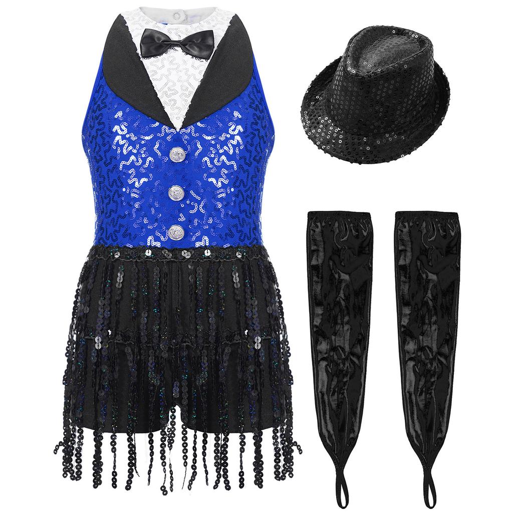 Латинский джазовый танцевальный купальник для девочек, без рукавов, с вырезом-замочной скважиной на спине, с пайетками, кисточками, металлическими перчатками и шапочкой