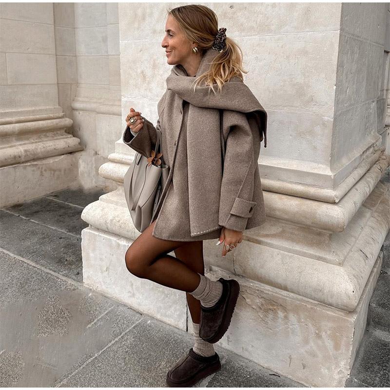 Элегантный воротник-шарф Короткие куртки женские повседневные свободные однотонные однобортные куртки женские осенне-зимние шикарные высокие верхние одежды