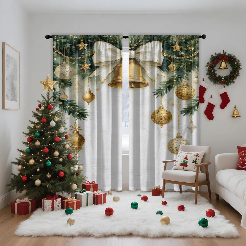 2 шт. Роскошные золотые рождественские шторы с орнаментом и бантом, Дизайн для светоблокировки, Премиальный материал, Подходят для Ч