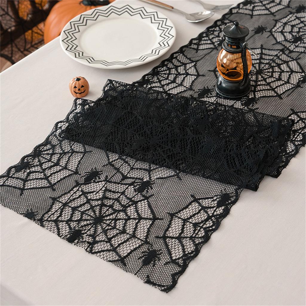 Halloween Black Lace Polyester Tablecloth for Party Decorations Fabric Easy To Cleaning Foldable Designs