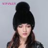 Real Mink Fur Hats for Winter Women Fur Cap with Fox Fur Pom Pom Knitted Beanies