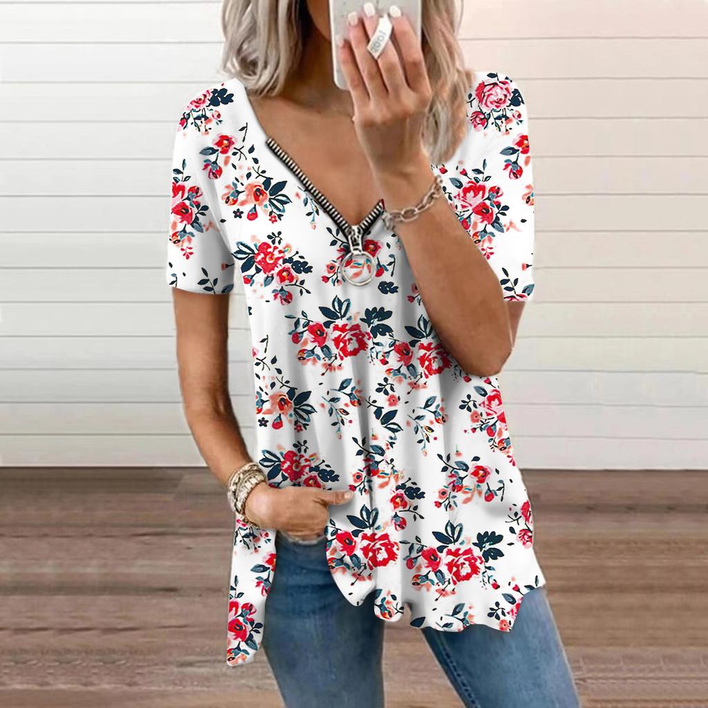 Женский топ, летний новый модный повседневный топ с короткими рукавами и красивыми красными розами на молнии с v-образным вырезом