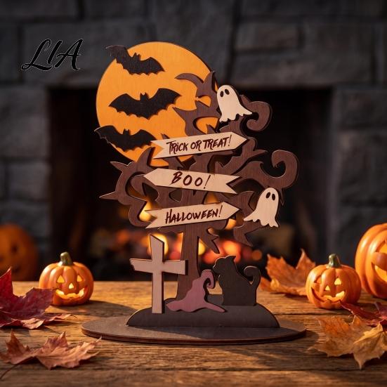 Rustic Halloween Wood Art Moon Bat Ghost And Dead Tree Tabletop Ornament, Small Holiday Display Items Decorative Table Centerpiece for Home