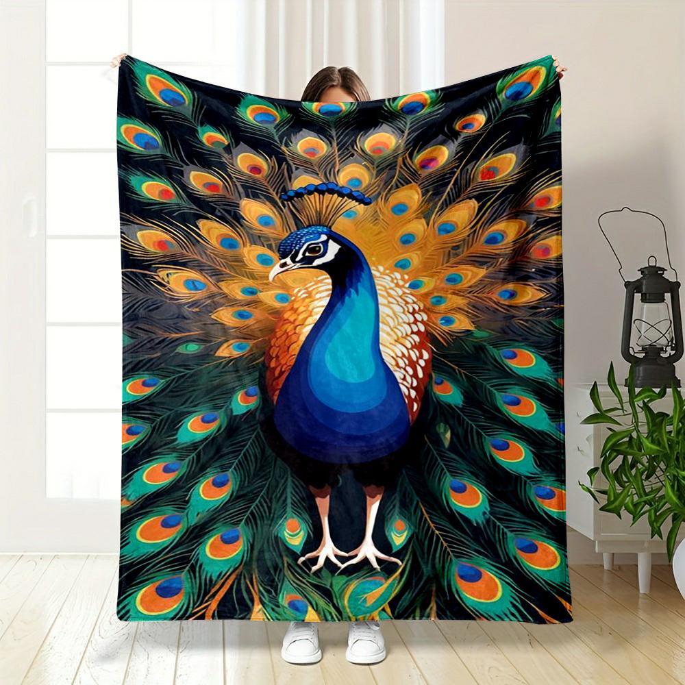 Peacock with Vibrant Feather Design Warm blanket Flannel blanket for bedroom, living room, sofa, and nap sofas
