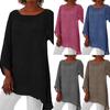 Plus Size Women Solid Color Linen O-Neck Long Sleeve Irregular Tunic Top T-Shirt