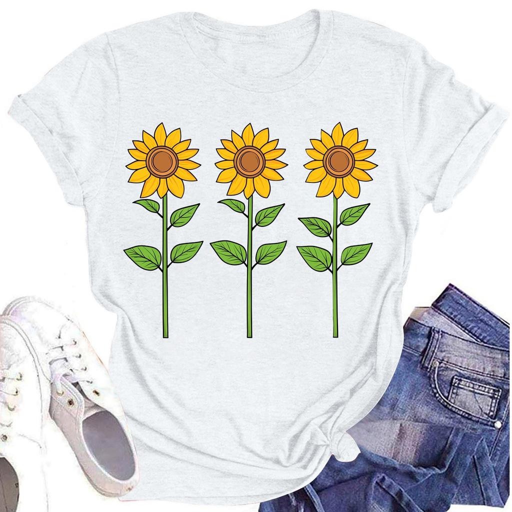 Женская повседневная футболка с круглым вырезом и цветочным принтом, короткий рукав