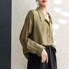 Винтажные зеленые повседневные рубашки с длинным рукавом, женские свободные модные весенне-осенние женские блузки на пуговицах, элегантные однотонные офисные простые женские рубашки 25860