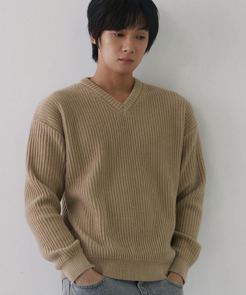 NODU V-Neck Waffle Essential Knit [Beige]