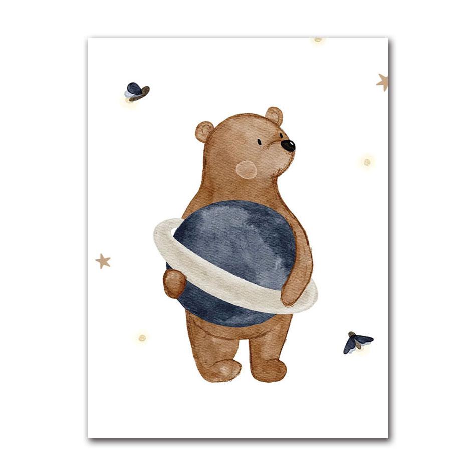 Cartoon Bear Squirrel Fox Hedgehog Spaceship Wall Art Canvas Painting Boho Posters And Prints Wall Pictures Baby Kids Room Decor