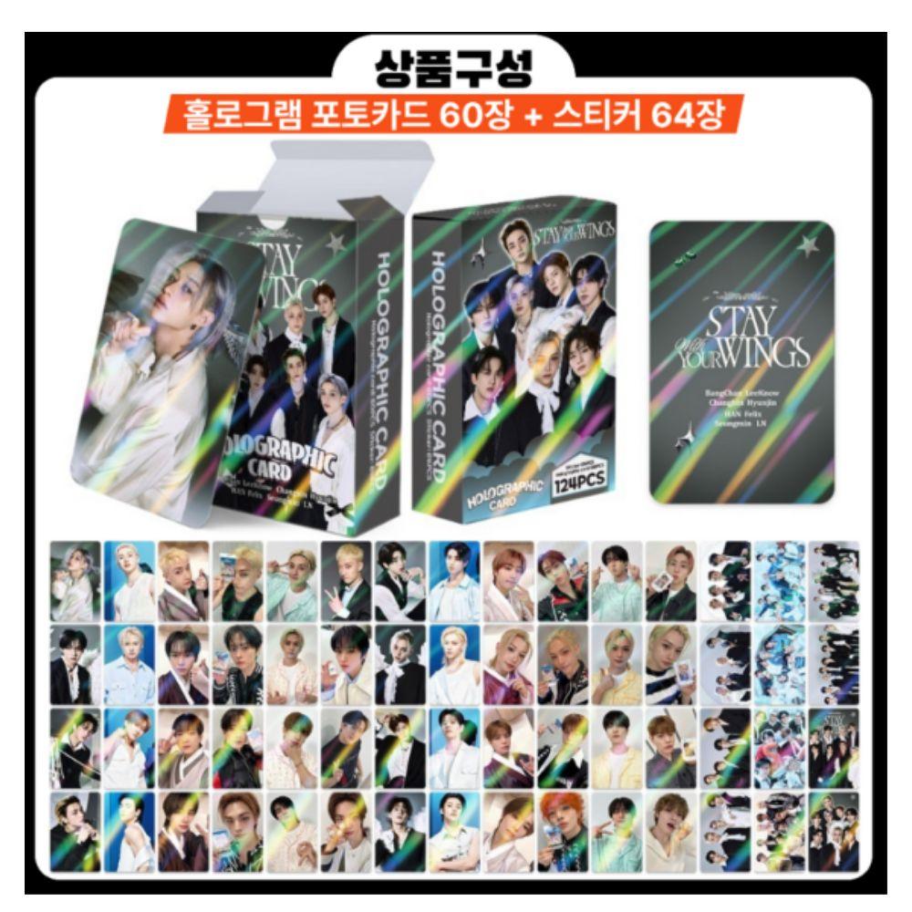 Stray Kids Голографическая Фотокарточка Наклейка 124 шт. Мега-набор (60 шт. Карточки + 64 шт. Наклейки) Товары K-POP