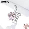 Real 925 Sterling Silver Dog Paw Footprint Bead Pink Zircon Bone Charm Fit Original Bracelet Pendant Jewelry