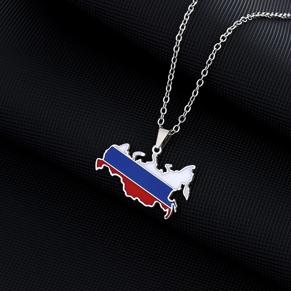 Russia Map Flag Pendant Necklace Stainless Steel Patriotic Jewelry for Men Women