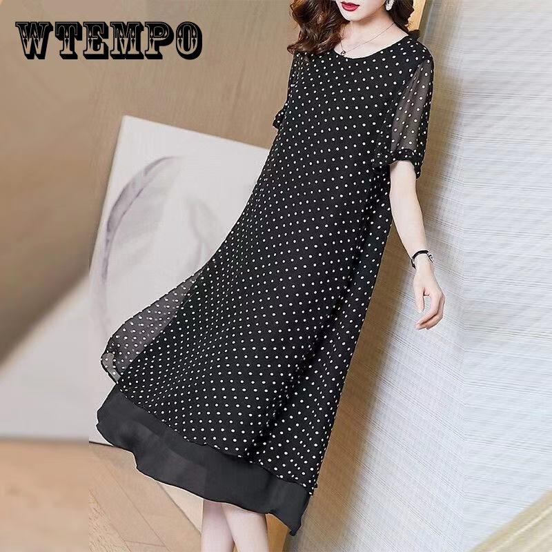 Feel Slippery Summer Black Loose Chiffon Short Sleeve Round Neck Loose Wave Point Dots Mid-length Skirt