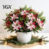 Fake Floral Ornaments 5 Heads Artificial Poinsettia Flowers, Christmas Pine Berry Decoration, Home Interior Accents Fade-Resistant Red And White