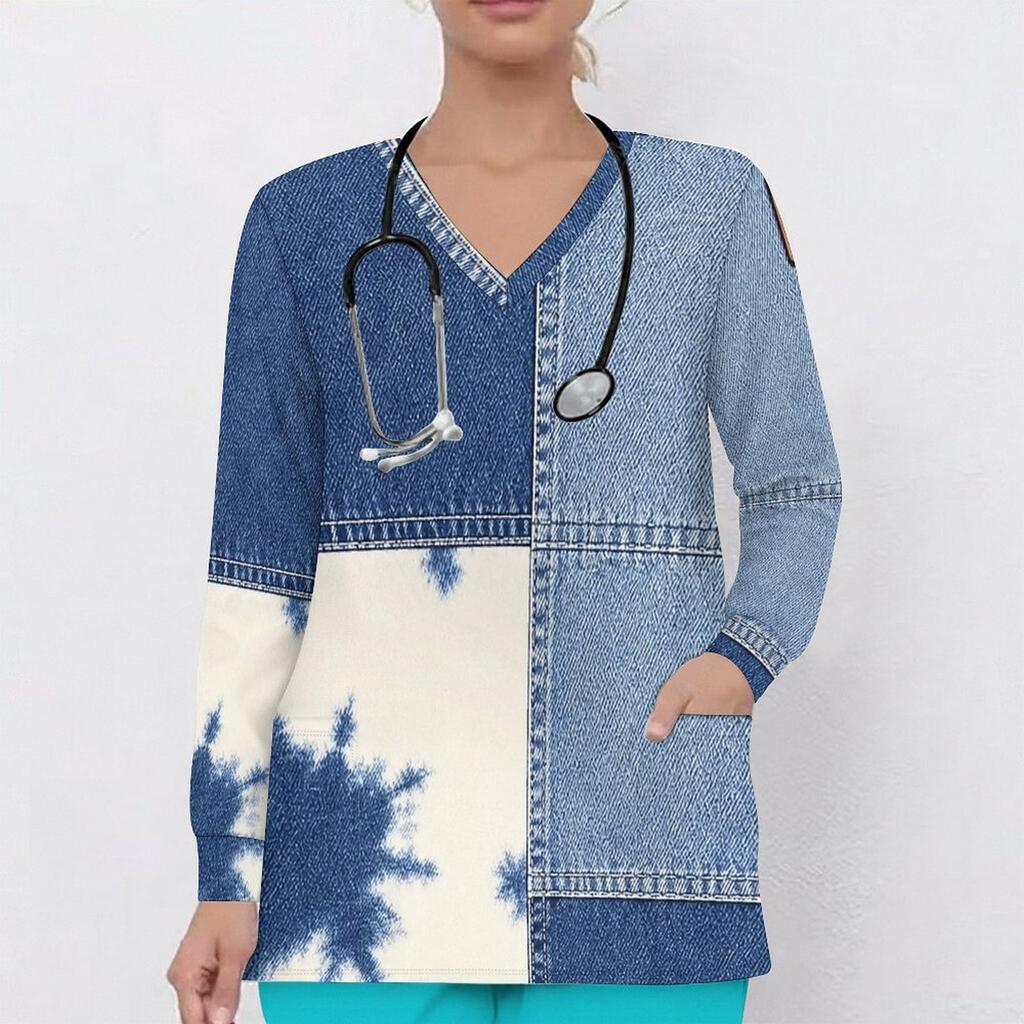 Women Plus Size Tie Dye Printed Scrub Top V Neck Long Sleeve Nursing Uniform With Front Pockets
